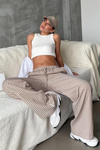 Bej Beli Ayarlanabilir Çizgili Cepli Bol Paça Kadın Pantolon Mg2312