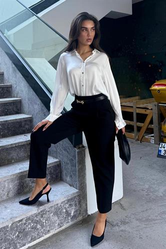 Siyah Yüksek Bel Pileli Kadın Kumaş Pantolon Mg2507