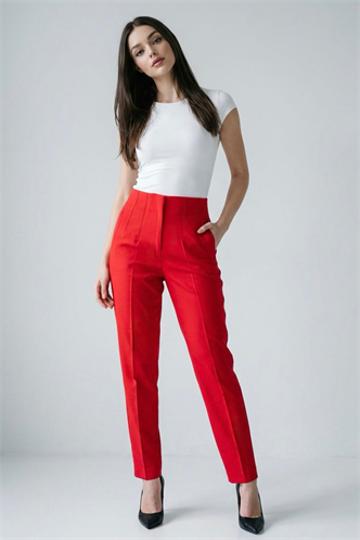 Kırmızı Önü Biyeli Yüksek Bel Kadın Pantolon MG2425