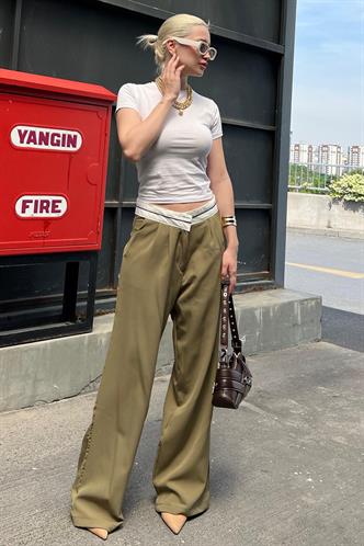Haki Kemer Detaylı Bol Paça Pantolon MG1834