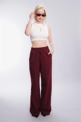 Bordo Beli Büzgülü Bol Paça Kadın Pantolon MG2011