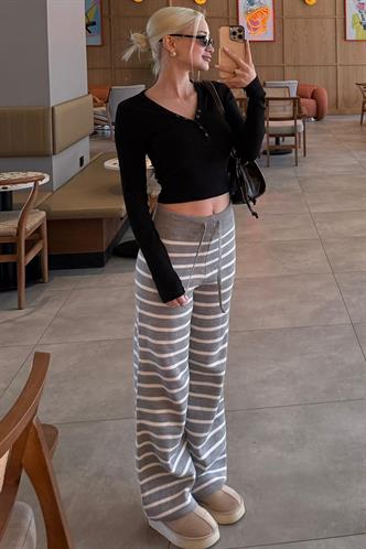 Gri Çizgili Kadın Triko Pantolon Mg2342