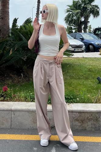Bej Yüksek Bel Rahat Kesim Bol Paça Pantolon MG2120