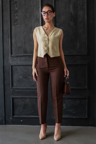 Acı Kahve Önü Biyeli Yüksek Bel Kadın Pantolon MG2425