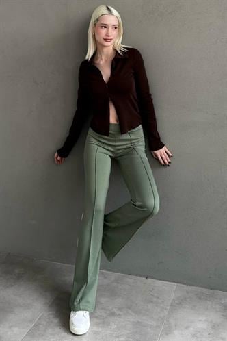 Mint Yeşili Yüksek Bel Flare Paça Şık Günlük Kadın Tayt MG2645