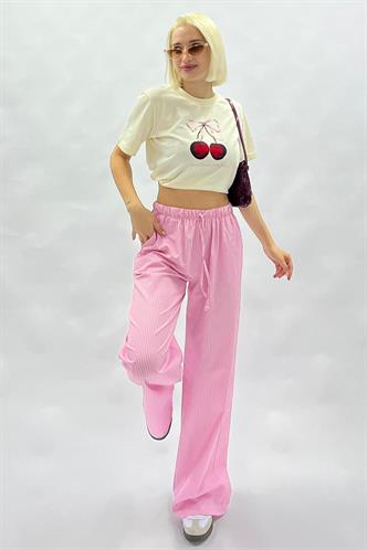 Fuşya Beli Ayarlanabilir Bol Paça Dökümlü Çizgili Pantolon MG2087