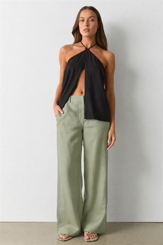 Çağla Yeşili Yüksek Bel Keten Wide Leg Pantolon MG2718