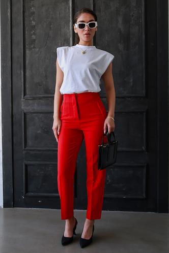 Kırmızı Önü Biyeli Yüksek Bel Kadın Pantolon MG2425