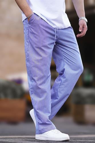 Lacivert Beli Ayarlanabilir Bol Paça Dökümlü Çizgili Pantolon 6541