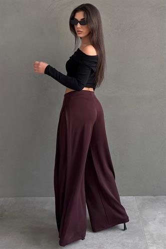 Bordo Yumuşak dokunuşlu, Yanları Pilili, Modal İçeren Geniş Paça Pantolon MG2668