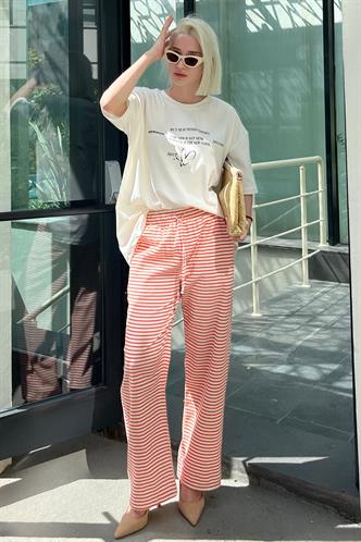 Turuncu Beli Ayarlanabilir Pamuklu Bol Paça Dökümlü Çizgili Pantolon MG2133
