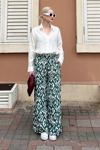 Yeşil Desenli Beli Lastikli Bol Paça Pantolon MG2051