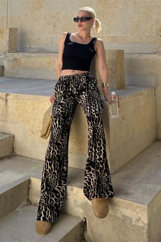 Siyah Ayarlanabilir Bel Leopar Desenli Bol Paça Pantolon MG2095