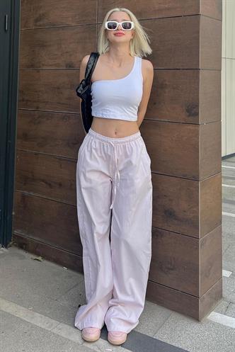 Pudra Beli Ayarlanabilir Bol Paça Dökümlü Çizgili Pantolon MG2087