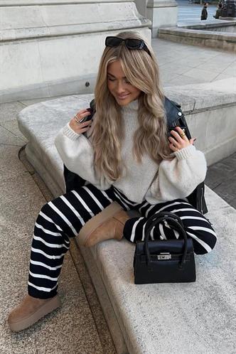 Lacivert Çizgili Kadın Triko Pantolon Mg2342