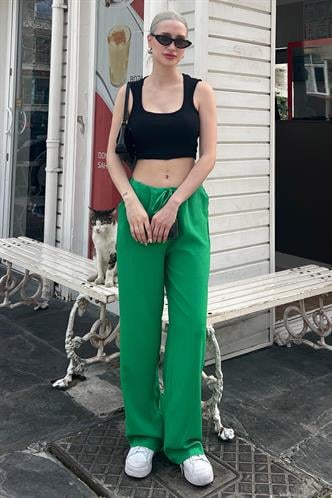 Yeşil Krinkıl Kumaş Basic Kadın Plaj Pantolon MG1778