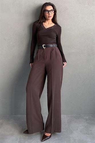 Kahverengi Yüksek Bel Pileli Kemerli Geniş Paça Kadın Pantolon MG2615