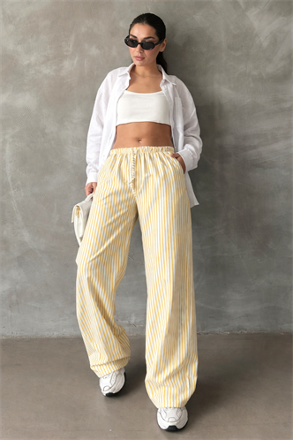 Sarı Beli Ayarlanabilir Çizgili Cepli Bol Paça Kadın Pantolon Mg2312