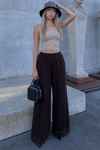 Kahverengi Yumuşak dokunuşlu, Yanları Pilili, Modal İçeren Geniş Paça Pantolon MG2668