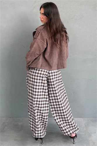 Kahverengi Ekose Desenli Beli Lastikli Balon Pantolon MG2905