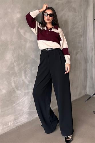 Siyah Çift Pileli Kemerli Pantolon Mg2330