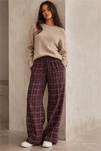 Bordo Lastikli Bel Geniş Paça Ekose Pantolon MG2658