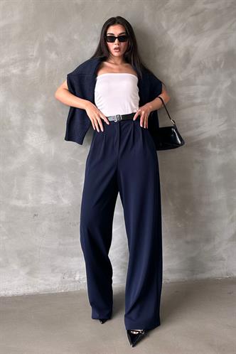 Lacivert Çift Pileli Kemerli Pantolon Mg2330