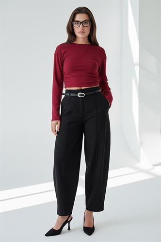 Siyah Modern Kesim Kemerli Yüksek Bel Bol Paça Kumaş Pantolon MG2618