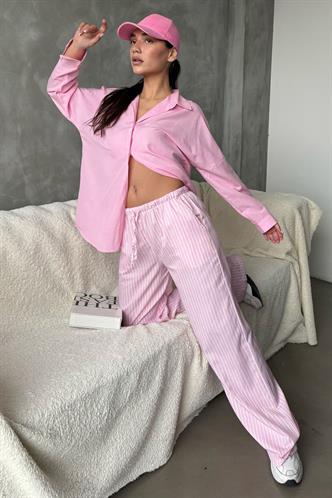 Pembe Beli Ayarlanabilir Çizgili Cepli Bol Paça Kadın Pantolon Mg2312