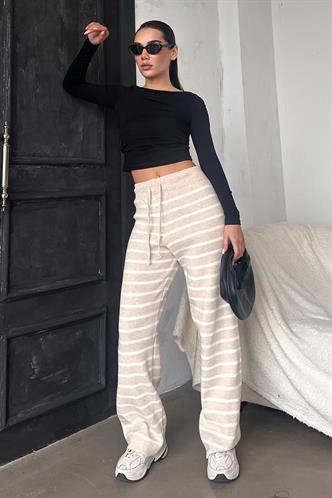 Bej Çizgili Kadın Triko Pantolon Mg2342