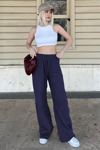Lacivert Bol Paça Müslin Kadın Pantolon MG1980