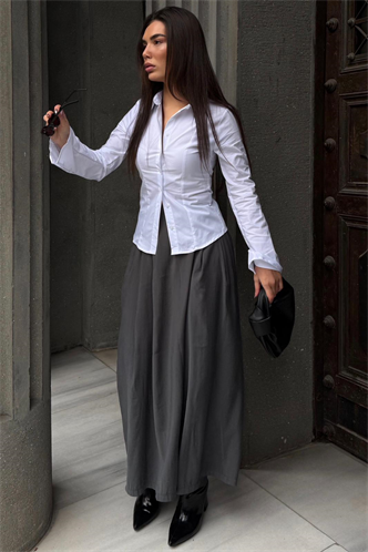 Antrasit Rahat Kesim Pileli Cepli Kadın Etek Pantolon MG2693