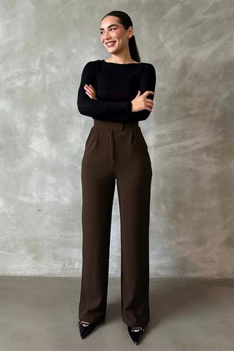 Kahverengi Likralı Cırt Kapamalı Palazzo Pantolon MG2291