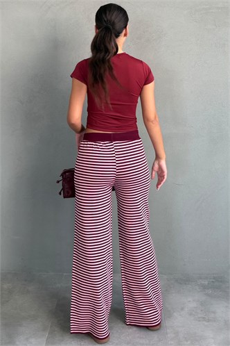 Bordo Çizgili Bol Paça Kadın Triko Pantolon MG2916