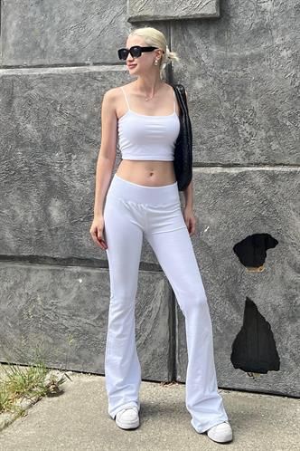 Beyaz Beli Fitilli Yüksek Bel İspanyol Paça Tayt MG2096