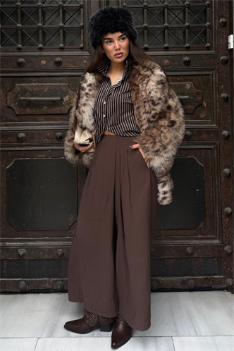 Kahverengi Rahat Kesim Pileli Cepli Kadın Etek Pantolon MG2693