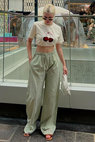 Yeşil Beli Ayarlanabilir Bol Paça Dökümlü Çizgili Pantolon MG2087