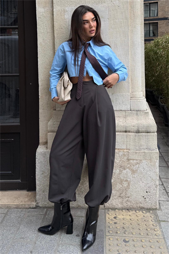 Koyu Kahverengi Pileli Cepli Balon Kadın Pantolon MG2692