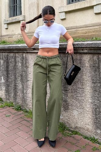 Haki Beli Büzgülü Wide Leg Kumaş Pantolon MG1950