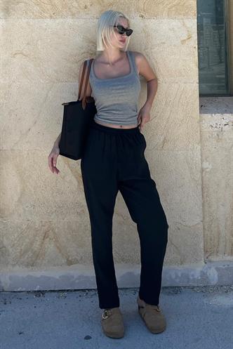 Siyah Ayarlanabilir Bel Rahat Kesim Pantolon MG2161