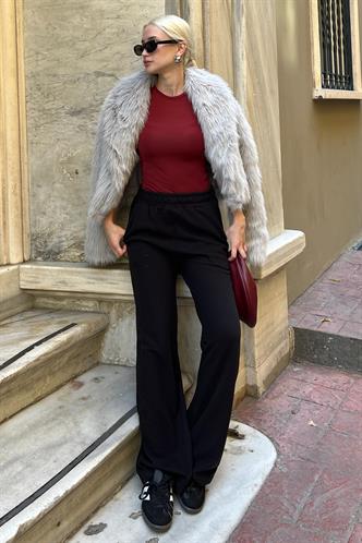 Siyah Beli Lastikli Yüksek Bel İspanyol Paça Triko Eşofman  MG2211