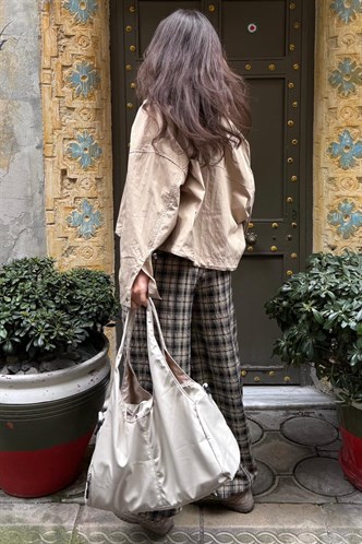 Bej Ekose Desenli Yüksek Bel Balon Fit Kadın Pantolon MG2726