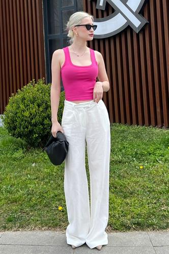 Ekru Kemerli Bol Paça Pantolon MG1992