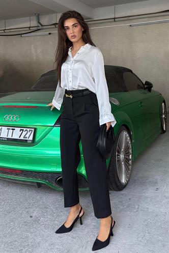 Siyah Yüksek Bel Pileli Kadın Kumaş Pantolon Mg2507