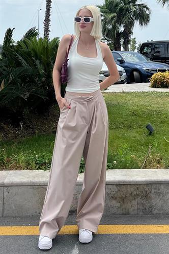 Bej Yüksek Bel Rahat Kesim Bol Paça Pantolon MG2120