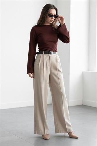Vizon Yüksek Bel Pileli Kemerli Geniş Paça Kadın Pantolon MG2615