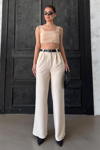 Açık Bej Çift Pileli Kemerli Pantolon Mg2330