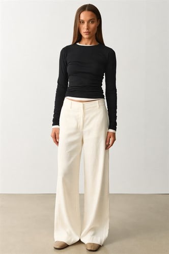 Ekru Yüksek Bel Keten Wide Leg Pantolon MG2718