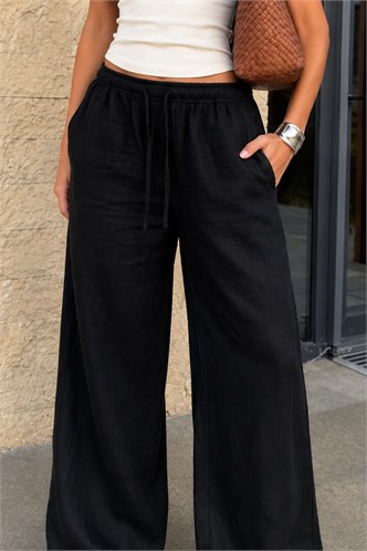 Siyah Beli Büzgülü Wide Leg Kumaş Pantolon MG1950