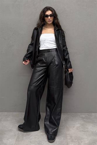 Siyah Pensli Palazzo Kadın Deri Pantolon MG2612